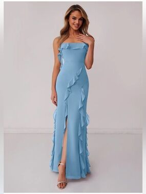 Azazie x Barbie Blue Ruffle Column Gown